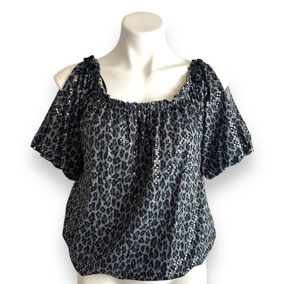 Express Top Sz M Animal Leopard Print Sequins Black Gray Mob Wife Y2K Glam Rock - Picture 12 of 13